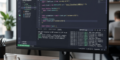 Computer screen showing TypeScript code for ERP client integration and terminal logs