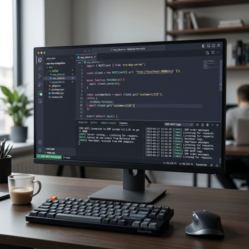 Computer screen showing TypeScript code for ERP client integration and terminal logs
